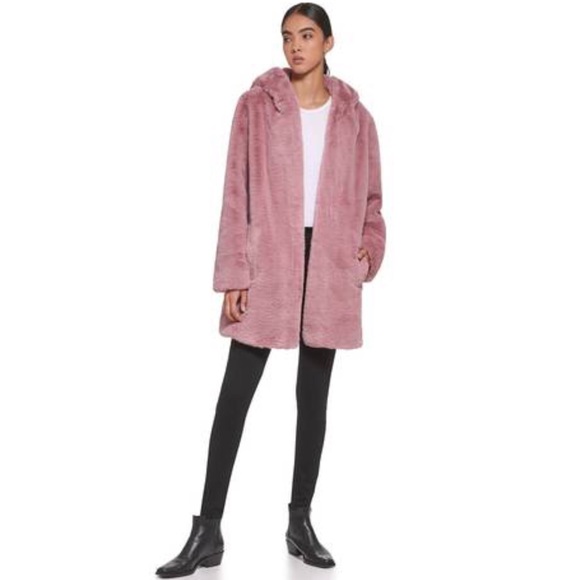 Dkny Jackets & Blazers - DKNY hooded faux fur fuzzy pink coat